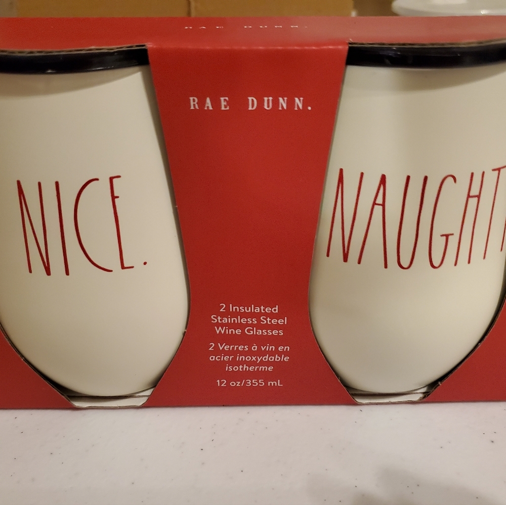 🎄🎅🤶 NEW RAE DUNN "NAUGHTY" & "NICE"  INSULATED WINE 12 oz. GLASSES 🤶🎅🎄